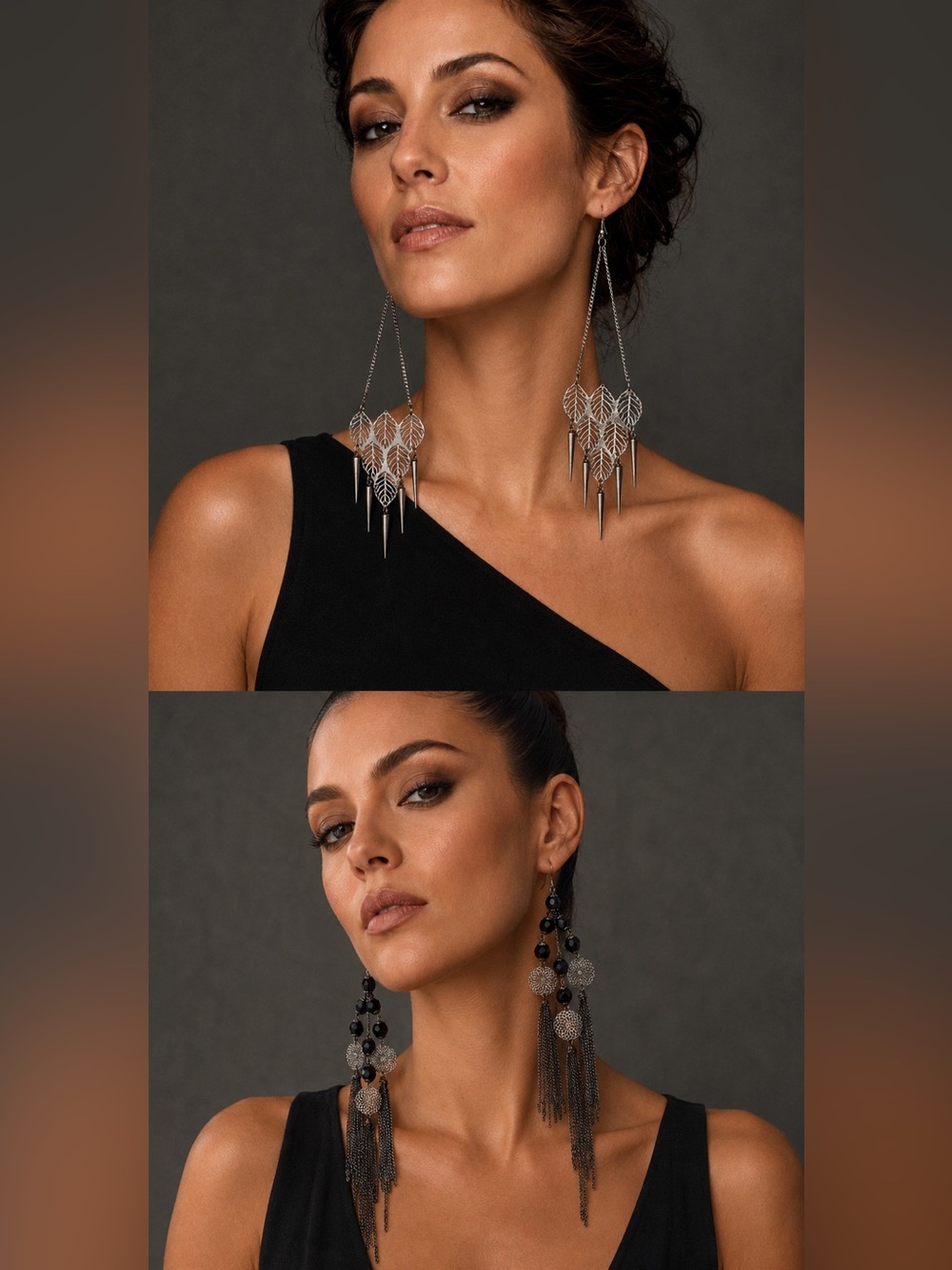 2 Pair Lot Long Chandelier Earrings Black Bead Leaf Spike Tassel